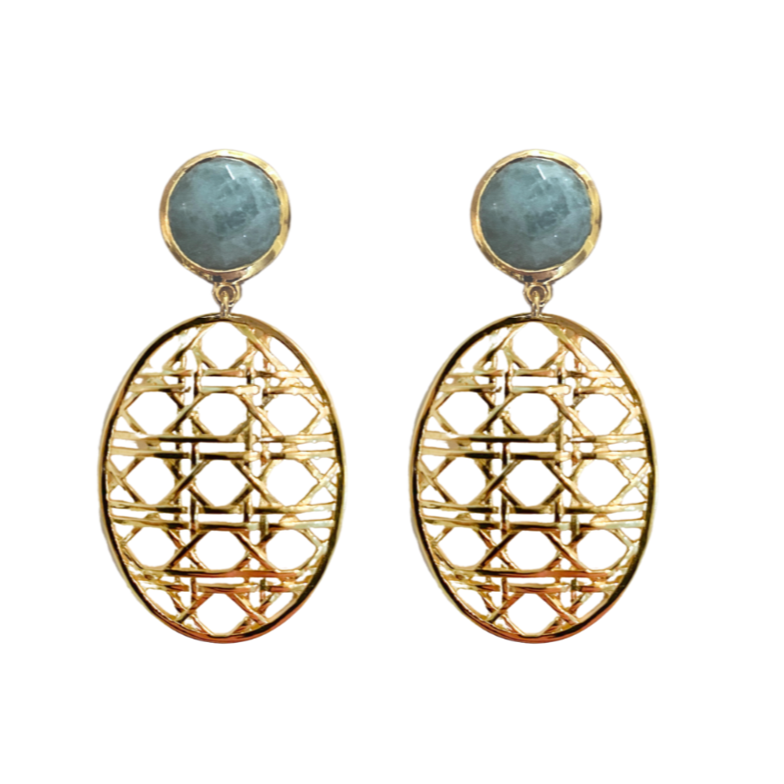 Lightweight aquamarine gemstone posts with woven 18k gold-plated brass drops_m donohue collection