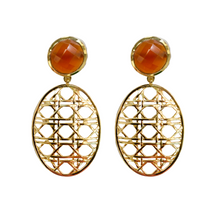 Load image into Gallery viewer, Lightweight carnelian gemstone posts with woven 18k gold-plated brass drops_m donohue collection