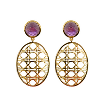 Load image into Gallery viewer, Lightweight amethyst gemstone posts with woven 18k gold-plated brass drops_m donohue collection
