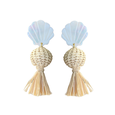 Mother of pearl shell posts with handwoven palm bead and raffia tassel_m donohue collection