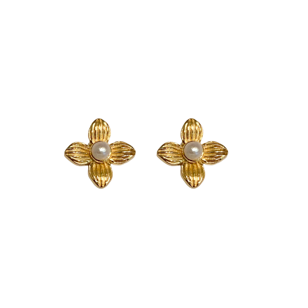 Delicate flower bloom stud with tiny freshwater pearl_m donohue collection