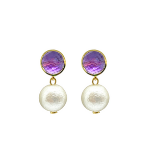 Exquisite purple amethyst gemstone posts with lightweight cotton pearl drop_m donohue collection
