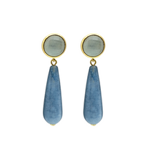 Load image into Gallery viewer, Light green aquamarine gemstone posts with blue agate teardrop beads_m donohue collection