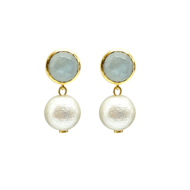 Exquisite green aquamarine gemstone posts with lightweight cotton pearl drop_m donohue collection