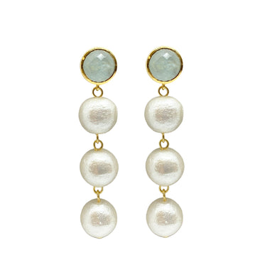 Exquisite green aquamarine gemstone posts with three lightweight cotton pearl drop_m donohue collection