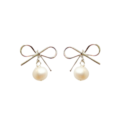 Darling silver-plated bow earring posts with freshwater pearl drops_m donohue collection