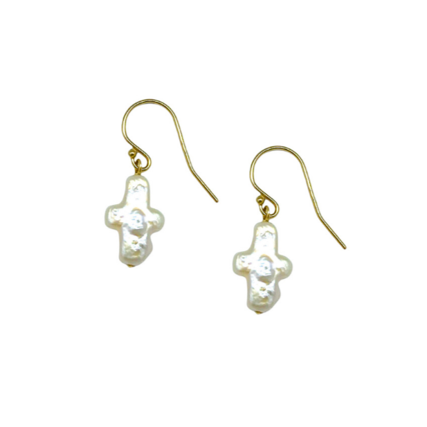 White freshwater pearl cross on earring hooks_m donohue collection