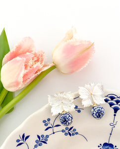 Audrey Porcelain Earrings displayed on blue and white china with pink tulips_m donohue collection