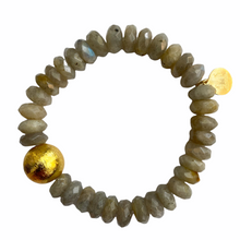 Load image into Gallery viewer, Beautiful stretch bracelet with grey labradorite beads and single gold plated copper bead_m donohue collection