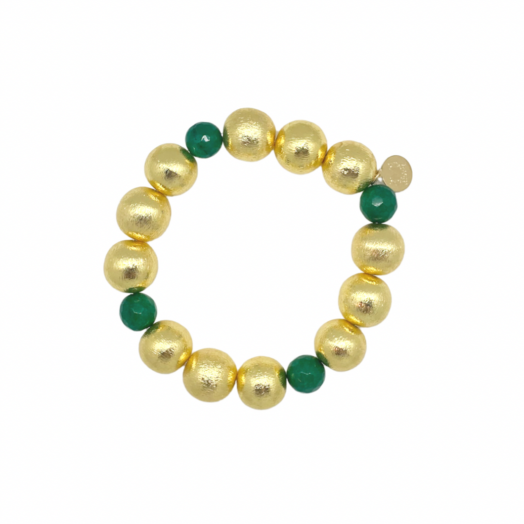 Stretch bracelet with gold-plated copper beads and sage gemstone beads_m donohue collection