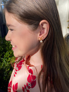 Model is wearing Little Bow Earrings Gold & Pearl_m donohue collection