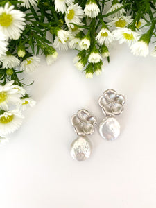 Mimi Silver & Pearl Earrings displayed with white florals_m donohue collection