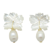 Load image into Gallery viewer, Carved Mother of Pearl flower earrings with white freshwater pearl drop_m donohue collection