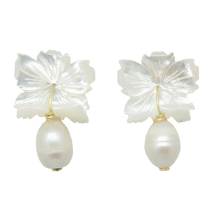 Carved Mother of Pearl flower earrings with white freshwater pearl drop_m donohue collection