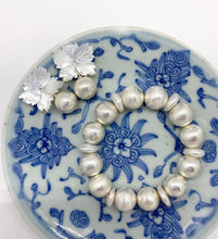 Load image into Gallery viewer, Pamela Silver &amp; Pearl displayed with Audrey Silver Earrings on blue porcelain dish_m donohue collection