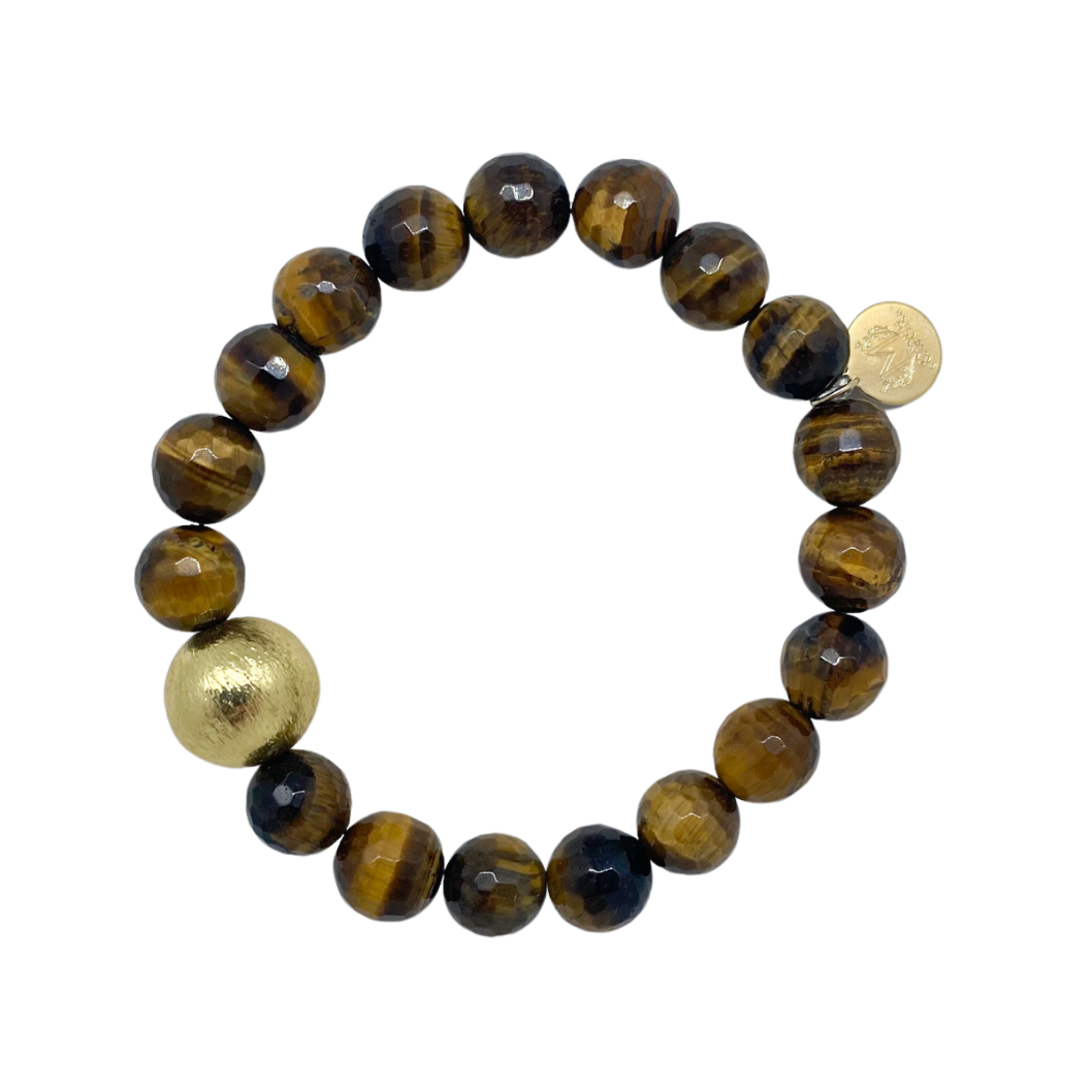 Beautiful stretch bracelet with brown tiger eye beads and single gold plated copper bead_m donohue collection